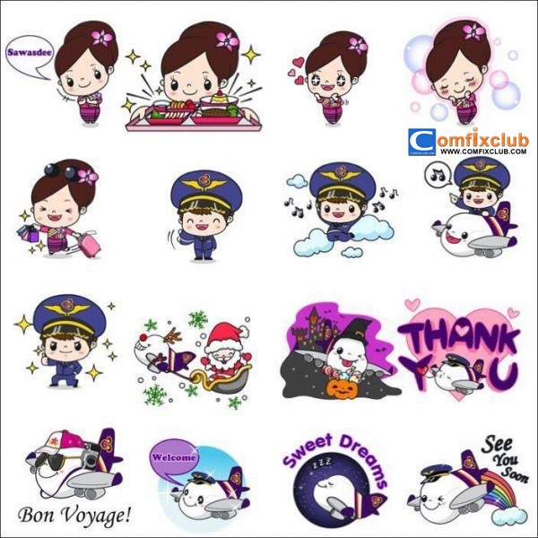 LINE Sticker การบินไทยดาวน์โหลด Air Crew Captain $ Cool Aircraft ได้ฟรีแล้ววันนี้